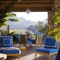 Garden Amazing Patio With Blue Chair Theme Stunning-Patio-with-Wooden-Bench-with-Cushions-and-Flowers