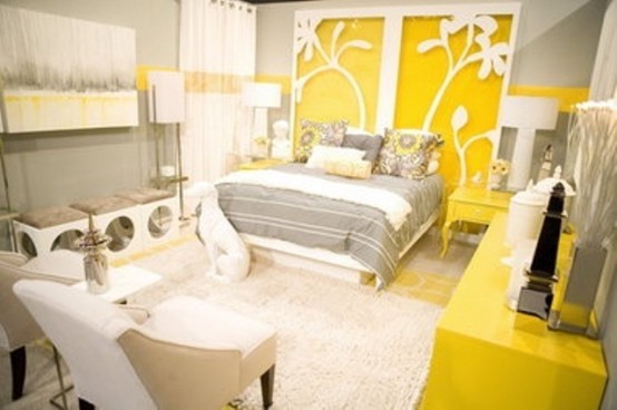 Bright Bedroom With Yellow White And Gray Theme Bedroom