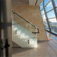 Resort & Villa Cool Blurred Frosted Glass Used For Railing Staircase Among The Yellow Rustic Tiles Walling Awesome-view-from-the-eclectic-glass-penthouse-with-enhancing-beauty-of-high-reflective-glass