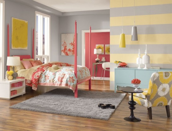 Dazzling Bedroom With Striped Yellow And Grey Wall Painting Bedroom