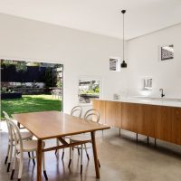 Architecture Minimalist Kitchen Has Wooden Dining Set Theme Minimalist-Useful-Living-Area-with-Wooden-Floor-and-White-Couch