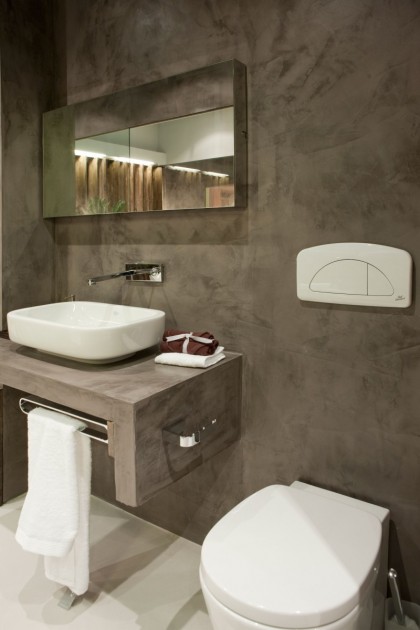Modern Powder Room With White Toilet Bowl Theme 420x630 Apartment