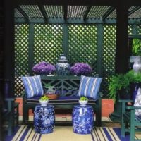 Garden Semi Open Patio With Grey Bench Added By Some Striped Cushions 464x630 Charming-Patio-with-Dining-Room-with-Blue-Accent-of-Pastel-Color-422x630