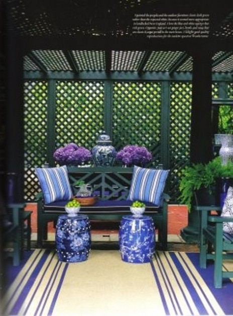 Semi Open Patio With Grey Bench Added By Some Striped Cushions 464x630 Garden