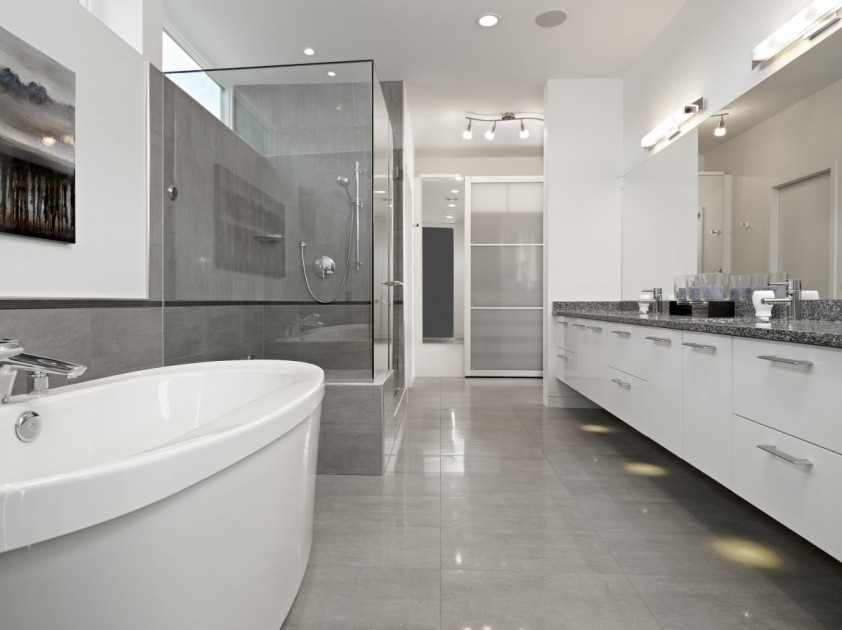 Sophisticated Bathroom With Beautiful Grey Backsplash On White Grey Luminous Scheme 842x630 Architecture