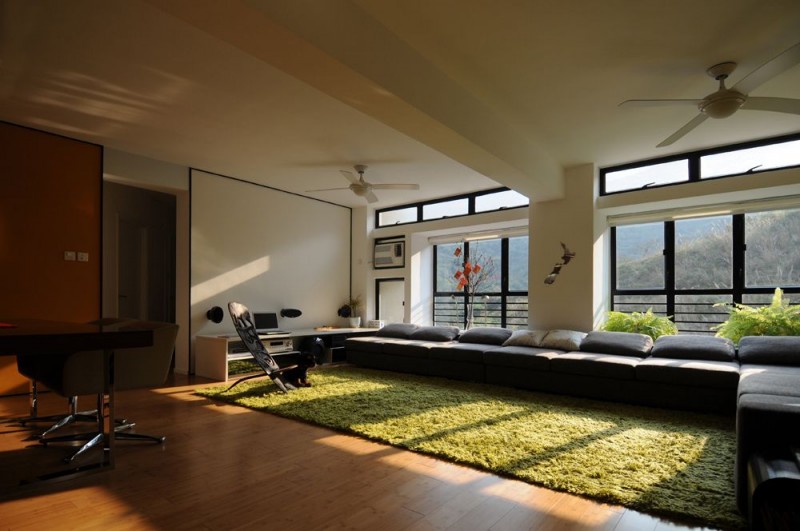 Stunning Living Room With Large L Grey Couch With Some Cushions Interior Design