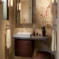 Bathroom Appealing Small Bathroom Vanity Design With Floating Cabinet Mirror Quilt And Glass Mosaic Tile Wall Ideas Small Vanity Vanities Bathrooms Cabinets Modern Contemporary gorgeous-feminine-small-bathroom-vanity-design-with-mirror-towel-hanger-glass-mosaic-tile-wall-ideas