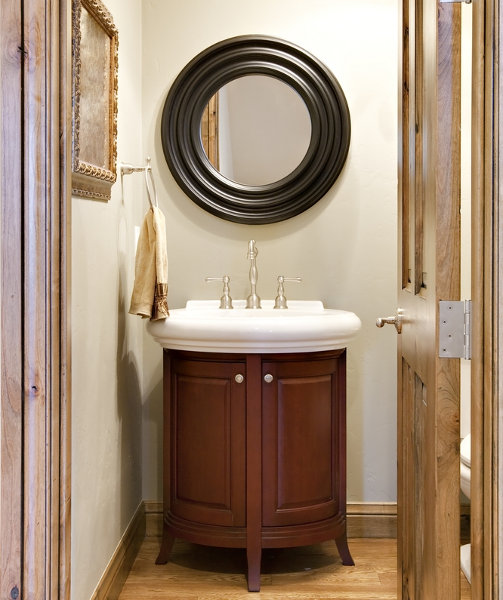 Charming Small Bathroom Vanities Design With Black Color Wood Frame Round Mirror And Cabinet Ideas Bathroom