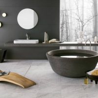Bathroom Thumbnail size Awesome Bathroom With Circle Black Stone Tub And Long Wood Chair By Neutra 560x381