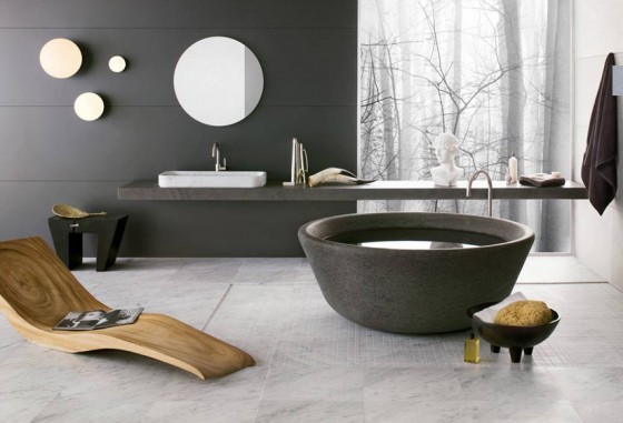 Bathroom Awesome Bathroom With Circle Black Stone Tub And Long Wood Chair By Neutra 560x381 Marvelous Beautiful Modern And Luxury Bathrooms from Neutra