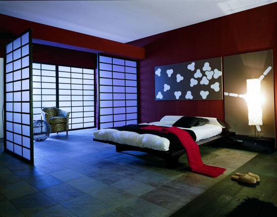 Beautiful Bedroom With Red Wall Accent And Stunning Light Effect By Etna Walk 560x439 Ideas