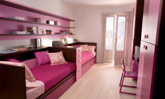 Kids Room Beautiful Modern Pink Kids Room With Twin Beds And Linear Racks Accent 560x336 Appealing Contemporary Kids Bedroom Design For Twins