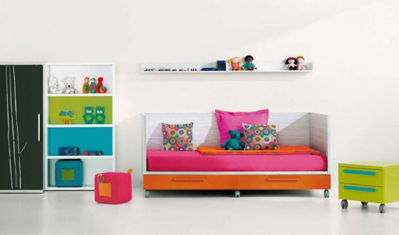 Furniture Beautiful Modern Sofa Bed For Kids Room With Colorful Racks And Cabinets 560x330 Amazing Kids Room Design Ideas With Exciting Furniture