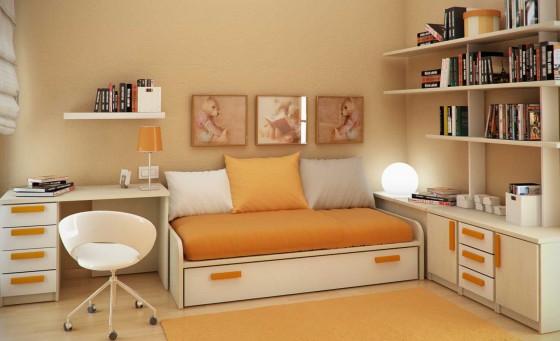 Kids Room Beautiful Orange Children Room Ideas With Minimalistic White Furniture 560x341 Interesting Modern Small Bedroom Ideas For Kids And Teen