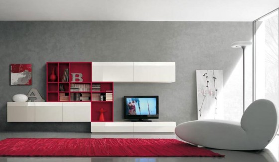 Ideas Beautiful White Grey Red Living Room Decoration Ideas 560x325 Surprising Wall Units Design For TV Setups – Hot Trend