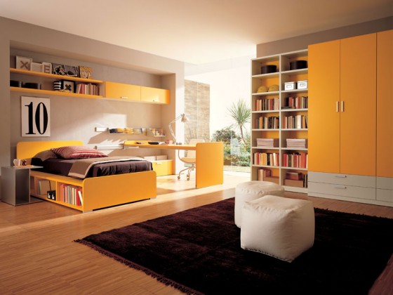 Big Yellow Wardrobe Furniture Combined With Cozy Maroon Rugs For Kids Bedroom 560x420 Architecture