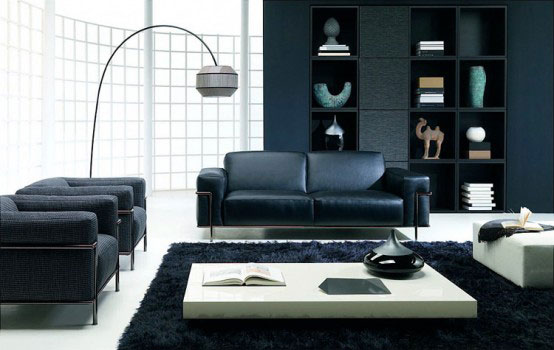 Black Sofa And White Low Table With Very Nice Lamps As An Ornament Living Room