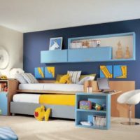 Kids Room Blue Theme Kids Bedroom Design And Green Study Desk 560x305 Stunning-Kids-Bedroom-Design-Ideas-For-Two-Child-In-Orange-And-Red-Color-Theme-560x326