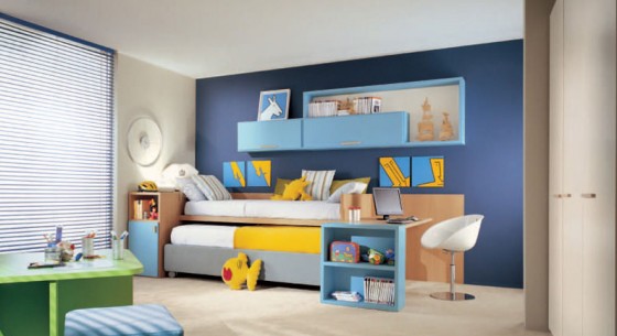 Kids Room Blue Theme Kids Bedroom Design And Green Study Desk 560x305 Appealing Contemporary Kids Bedroom Design For Twins