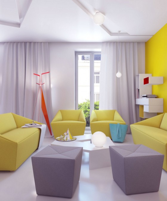 Apartment Bright Apartment Design With Futuristic Sofa Sets Yellow Grey Color Glamorous Bright Apartment with Colorful Ideas