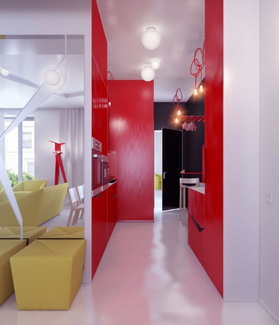 Bright Futuristic Apartment Hall Way To Red Black Kitchen Area Apartment