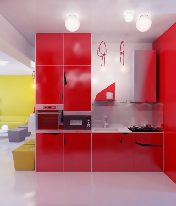 Bright Glossy Red Modern Kitchen Apartment With Impressive Lighting Apartment