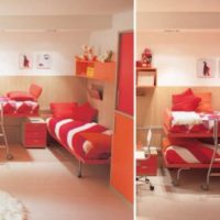 Kids Room Bright Twin Girls Bedroom Design Movable Beds 560x270 Sliding-Bunk-Beds-With-Stairs-In-Orange-And-Green-560x648