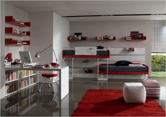 Bunk Beds For Teen Room With Minimalist Red Racks And White Study Desk Bookcases 560x394 Architecture
