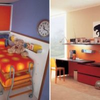 Kids Room Bunk Beds Orange Polka Dot With Double Study Desk In Orange And Black 560x302 Sliding-Bunk-Beds-Cream-Color-Theme-560x650