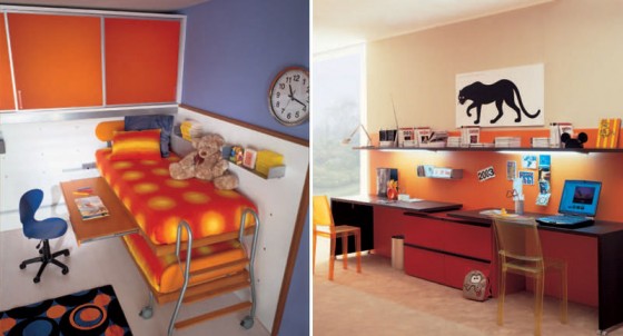 Bunk Beds Orange Polka Dot With Double Study Desk In Orange And Black 560x302 Kids Room