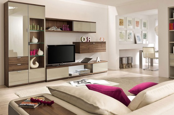 Catchy And Artful Storage Tv Racks In Soft Beige Contemporary Living Room Purple Pillow Accent 560x371 Living Room