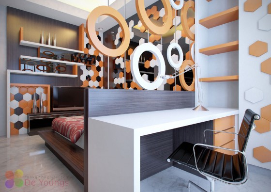 Catchy White Orange Seventies Room Design 560x396 Teen Room