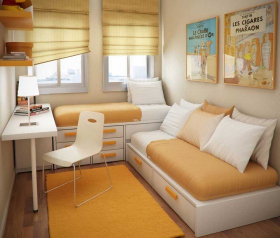 Charming Orange White Kids Room With Twin Bed And Stirage Under The Bed 560x476 Kids Room