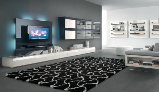 Ideas Contemporary Living Area With Black White Theme And Glass Wall Mount 560x325 Surprising Wall Units Design For TV Setups – Hot Trend