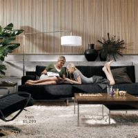 Living Room Thumbnail size Contemporary Living Room Black Sofa And Chair With Striped Effect Wall Decor And Plants