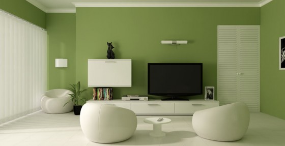 Cool Green Paint Color With Elegant White Sofa Set And TV Racks Living Room