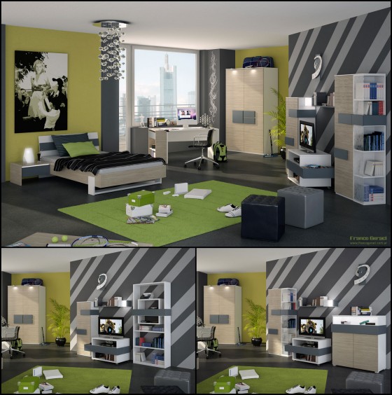 Cool Grey Green AsymetricTeenage Room By FEG 560x564 Teen Room