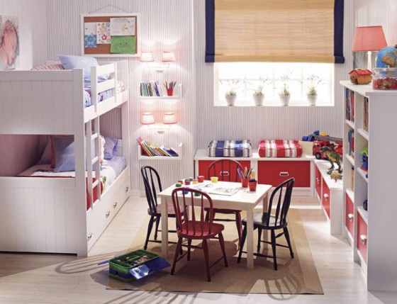Kids Room Cool White Bunk Beds With Red Blue Kids Furniture And Mini Table Sets Fresh Ideas of Kids Bedroom Design for Twin