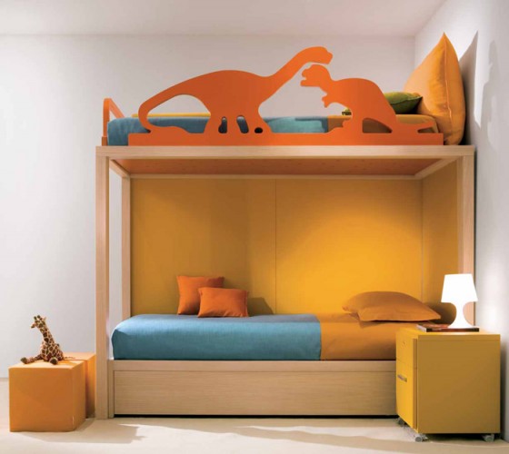 Kids Room Creative Bunk Bed Design With Blue Orange Dinosaurs Theme 560x500 Appealing Contemporary Kids Bedroom Design For Twins