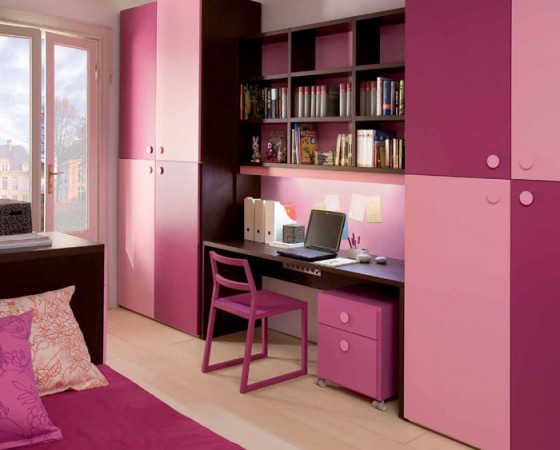 Cute Pink Study Desk And Cabinets Design For Small Space 560x450 Kids Room