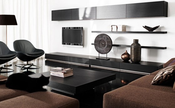 Elegant Black Sofa And Chair With Entertaining Tv Setup And Elegant Brown Sofa Living Room