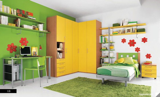 Fresh Green Girl Room With Big Yellow Storage Green Wall Floral Wall Art Kids Room