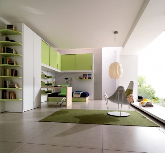 Fresh Green Themed Combined With White Furniture And Cute Lamps For Kids Bedroom 560x518 Architecture