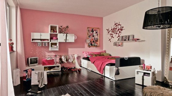 Teen Room Funky Teen Bedroom White Furniture Pink Wall And Bedding Also Other Black Stuff 560x313 Amusing Funky Teen Room Design Inspirations