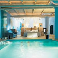 Bedroom Gorgeous Bedroom Beside Indoor Pool Amazing-Beige-Bedroom-With-Cool-Bedding