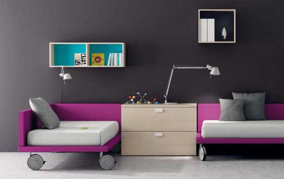 Grey Wall KIids Room Decor With Twin Purple Bedding 560x353 Furniture
