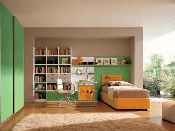 Kids Bedroom With Green Big Cabinets White Combined Green And Yellow Furniture Also Beige Color For Bed And Rugs 560x420 Architecture
