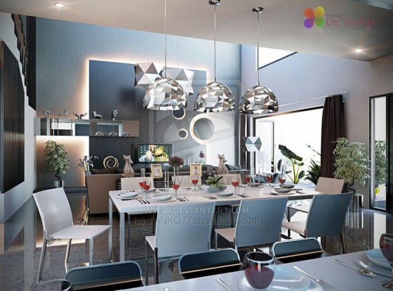 Luxurious Modern White Open Dining Area With Very Futuristic Three Hanging Lamps 560x414 Dining Room