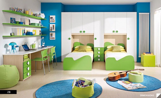Minimalist Cool Green Blue White Bedroom Color Theme For Twin Kids Room