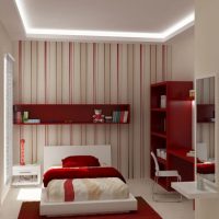 Teen Room Minimalist Modern Red And White With Striped Wall Feature 560x406 Pink-and-Cream-with-Big-Round-Mirror-for-Very-Girly-Kids-560x432